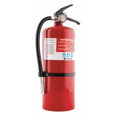 The FIRST ALERT PRO10 is a 10 lb Class ABC fire extinguisher rated 4A:60B:C, using monoammonium phosphate. Suitable for use on fires involving ordinary combustibles, flammable liquids, and energized electrical equipment in industrial, commercial, and residential settings.