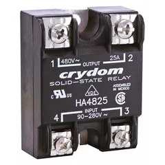 Panel-mounted solid state relay with SCR output for switching AC loads. Accepts 18-36 VAC input at 10 mA and switches 48 to 530V AC. Maximum output current is 25 A (12 A without heat sink). Connection via screw clamp. Suitable for industrial automation and process control applications requiring silent, high-cycle switching.