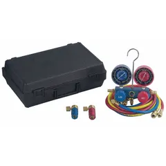 Three-piece aluminum manifold hose kit for automotive R-134A air conditioning systems. Includes a 72-inch R-134A hose set. Used to connect to A/C service ports for pressure measurement, charging, evacuation, or diagnostics.