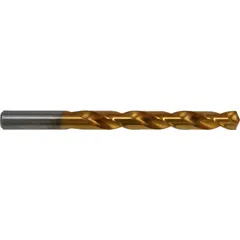 This TiN-coated cobalt jobber-length drill bit meets NAS specifications for aerospace applications. The 135° split point reduces walking and thrust for precise hole starting. Suitable for drilling stainless steel, titanium, and high-strength alloys in precision hole-making operations.
