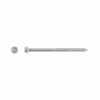Hex-head screw anchor with drilling tip for fastening into concrete, brick, or block. Made of 410 stainless steel for corrosion resistance. External hex drive, removable. Diameter 1/4 in, overall length 5 in. 100 pieces per pack