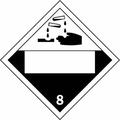 BRADY DOT container placard for Class 8 corrosive materials. Measures 10 3/4 in x 10 3/4 in with label height and width of 10 3/4 in. Displays message '8' for hazardous material identification during transport.