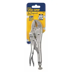 Curved-jaw locking pliers with lever mechanism, 7 in overall length, 1 3/16 in jaw length, and 1 1/2 in maximum jaw opening. Designed for clamping and holding round or irregular workpieces in metalworking, fabrication, and maintenance tasks.