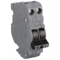 2-pole miniature circuit breaker rated 20 A at 120/240V AC with a 10kA interrupting capacity. Measures 1 inch wide. Provides overcurrent and short-circuit protection for branch circuits in load centers