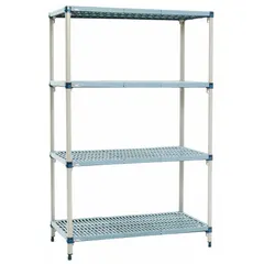 This four-shelf stationary shelving unit has a steel frame and polymer shelves with antimicrobial properties. Overall height is 62 inches. Shelves are adjustable using the quick-adjust mechanism. Suitable for light-to-medium duty storage in settings requiring hygiene and corrosion resistance.