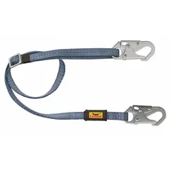 Positioning and restraint lanyard with steel snap hooks on both ends. Adjustable length allows securement at height while maintaining mobility. Rated to 425 lb capacity. Used in industrial and construction environments for fall restraint and positioning.