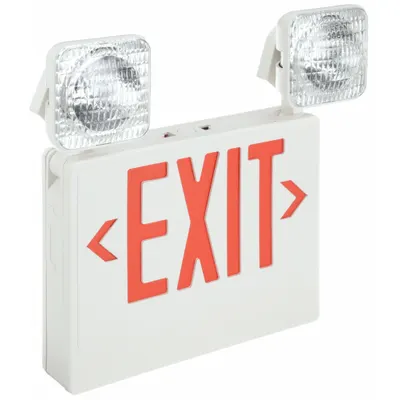 OEM Exit Sign with Emergency Lights: White, 1 or 2 Faces, Red, Incandescent - Plastic Exit Signs with Square Side-Mount Light Heads