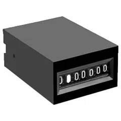 Front-panel-mounting electromechanical counter with a compact white housing measuring 3/4 in x 1 1/8 in. Operates on 6 V DC to 12 V DC and is RoHS compliant. Suitable for counting cycles, revolutions, or events in industrial machinery and production equipment.