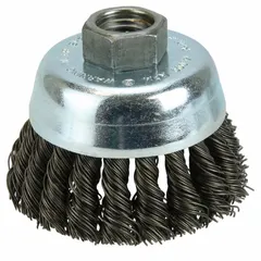 Standard twist knot wire cup brush for heavy cleaning of contoured carbon steel surfaces. Features a 3 in diameter, 0.02 in fill diameter, and 5/8"-11 arbor hole. Used for removing rust, scale, weld splatter, and heavy burrs in industrial fabrication and maintenance.