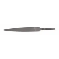 Standard needle file with barrette shape, 4 inches long and 3/32 inch thick, classified as Type 00. Suitable for precision filing in tight spaces, such as die-making, tool finishing, and metalworking.