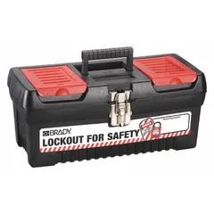 This BRADY portable unfilled lockout kit is a black/red polypropylene tool box designed for organizing lockout devices. It features two storage pockets built into the lid. Suitable for use in industrial facilities to support lockout/tagout procedures.