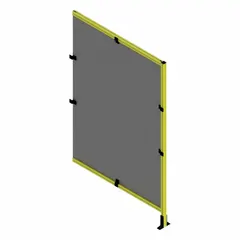 This unassembled wire mesh panel add-on kit is designed for use with T-slot framing systems to enclose or partition equipment, storage areas, or work cells. The kit includes a black wire mesh panel with a square mesh shape, finished with a yellow powder-coated/PVC-coated coating. Dimensions: 84 inches high, 36 inches wide, 5 1/2 inches deep.