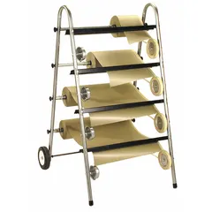 This mobile masking dispenser is constructed of steel and holds up to (4) 18-inch rolls of paper horizontally. It includes an integrated cutter for efficient dispensing and cutting of masking paper. Suitable for use in workshops and industrial settings where surface preparation and coating applications require portable masking solutions.