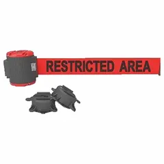 This replacement belt cassette is designed for use with compatible stanchion systems to manage pedestrian traffic and cordon off areas. It features a 15 ft retractable belt with a 2 1/2 in width and 42 in overall height. The belt displays a 'Restricted Area' message and is housed in a red cassette.