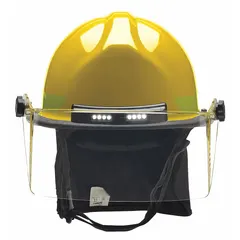 The BULLARD FXSYLTL is a fire helmet with a fiberglass shell and a modern rear brim. It includes a chin strap and a Standard Sure-Lock(R) Ratchet Headband suspension. This helmet is used for structural firefighting and rescue operations where impact protection and heat deflection are required.