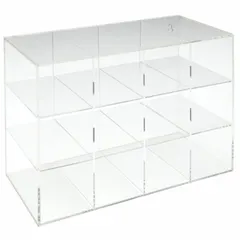This clear acrylic case holds up to 12 pairs of safety eyewear in individual compartments. It is suitable for wall mounting in industrial facilities, workshops, and laboratories to keep glasses organized and accessible.