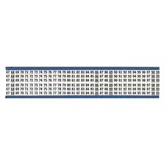 Preprinted wire marking label sheets from BRADY, featuring black legends on white vinyl cloth. Each pack contains 25 sheets with a total of 825 labels, numbered 67 to 99. The vinyl cloth material is rated for temperatures from -40°F to 176°F, suitable for identifying wires and cables in control panels, machinery, and facility installations.
