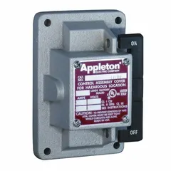 This replacement front cover with switch is designed for tumbler switches in industrial control applications. It features a rocker operator, 4-way switching, and a 20A rating, suitable for controlling electrical circuits in panel-mounted enclosures.