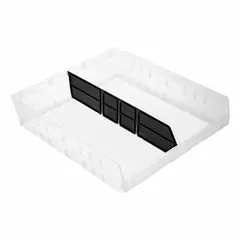Plastic shelf bin divider designed to organize and separate items within storage bins. Measures 16 inches by 4 inches with a 15 inch overall width in black. Compatible with QUANTUM STORAGE SYSTEMS model QSB122. Used to create custom compartments for small parts, tools, or inventory in industrial shelving, warehouses, and workshops.