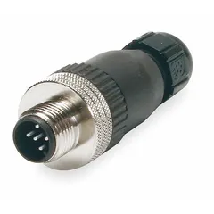 M12 straight connector with 5 pins, male threaded mounting, and pin-type body. Rated IP67 for dust-tight and water-resistant connections. Polyamide housing with cable connection. Suitable for power and general sensor applications in industrial environments.