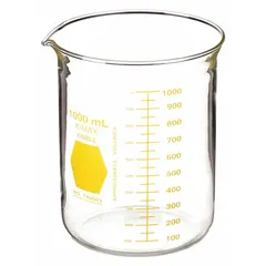 Low form beaker with 1000 mL capacity, made from Type I borosilicate glass. Features yellow color coding for quick identification in laboratory and industrial settings. Suitable for mixing, heating, and measuring liquids.
