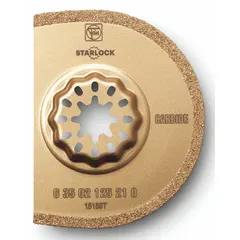 Carbide grit coated scraper blade with Starlock connection for oscillating tools. 3 in blade length. Rounded edge for scraping and removing coatings, adhesives, and residues from wood, metal, and masonry surfaces.