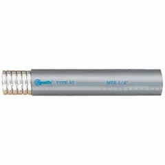 LIQUATITE AT-12 is a 3/4 in trade size, gray, AT-type liquid-tight flexible metal conduit with a nominal length of 100 ft. It provides a grounded, flexible raceway for protecting electrical wiring in environments where moisture and mechanical damage are concerns. Typical applications include machine tools, HVAC equipment, and other plant-floor wiring.