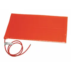 Fiberglass-reinforced silicone rubber heating blanket with adhesive backing for direct mounting on metal surfaces. Measures 36 inches long by 6 inches wide, 3/16 inch thick. Maximum operating temperature 232°C. Requires a controller for operation. Suitable for freeze protection, process temperature maintenance, and preheating in industrial settings.