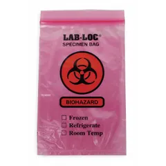 Dual Pouch Specimen Transfer Bags, Biohazard, Red, 2 mil, 6" x 9", Zipper Closure, 1000 PK