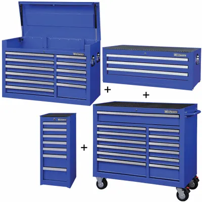 WESTWARD Rolling Cabinet Kit: 34 Drawers, Heavy Duty, Keyed - Heavy-Duty Top Chest, Intermediate Chest, Side & Rolling Cabinet Combos