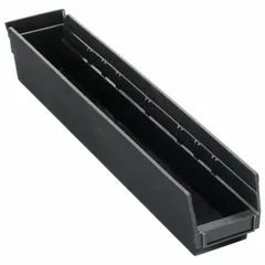 This shelf bin is made from 100% recycled plastic and measures 23 5/8 inches overall length with a 4 1/8 inch by 4 inch footprint. It is black, nesting capable for space-efficient storage, and not electrostatic discharge conductive. Dividers are not included. Suitable for organizing small parts and components on industrial shelving in warehouses, workshops, and manufacturing facilities.