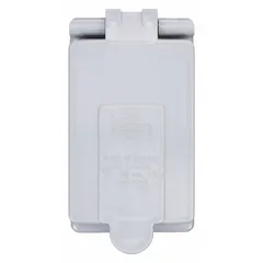 Gray thermoplastic PVC weatherproof cover for 1-gang FD boxes. Vertical mounting orientation. Overall height 4-7/8 inches. Used to protect outdoor electrical connections from moisture and debris in exterior installations.