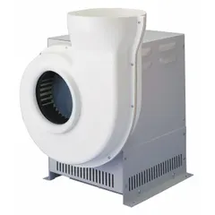 This direct-drive fume hood blower is designed for outdoor installation to exhaust air from laboratory fume hoods. It features a variable-speed, high-efficiency motor operating at 1,800 RPM and 115V, with a round outlet and a 10 3/8 in inlet diameter. Flow-through vent holes and louvres allow air to circulate.