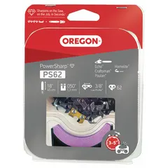This set includes a chain with 3/8 in pitch and 0.5 in gauge, 52 drive links, and a sharpening stone. Designed for use with an 18-inch compatible bar on Oregon chain saws. Suitable for cutting wood in forestry, tree service, and firewood applications.