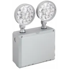 The WLTU LED is a wet location rated emergency light with a gray plastic housing and two LED lamp heads. It operates on 120V AC, providing 7.5 W emergency power. Surface mounted, it is suitable for indoor or covered outdoor areas exposed to moisture, such as parking garages, stairwells, and building corridors.