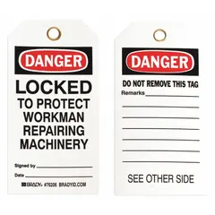 Polyester lockout tag with write-on surface for custom remarks. Displays 'Danger' in English. Used to mark locked-out equipment during maintenance to prevent accidental re-energization.