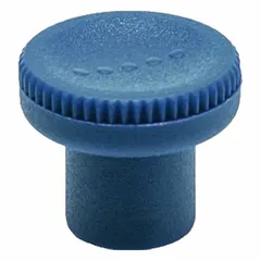 This metal-detectable knurled knob features a blue plastic body with a stainless steel thread insert. It has an M5 thread with a 10 mm thread length and is RAL 5001 blue. Suitable for applications where contamination detection is required, such as in food processing or pharmaceutical machinery.