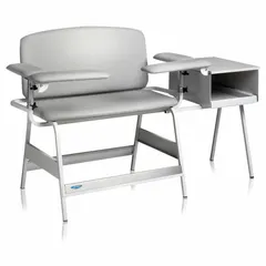 This bariatric blood draw chair features a white padded polyester seat with adjustable pivoting arms and an integrated cabinet for supply storage. The seat measures 20 inches deep by 69 1/8 inches wide. Suitable for clinical phlebotomy and IV access procedures.