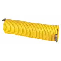 This nylon air gun hose has a 3/8 in diameter and 50 ft length (600 in overall) with 3/8 in NPT connections. It is used to connect pneumatic tools to compressed air lines in industrial systems for cleaning, drying, and powering equipment