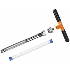 Stainless steel soil recovery probe with threaded connection type. Includes cross handle. Overall diameter 1 1/8 in, connection size 5/8 in. Used for collecting soil samples in field sampling tasks.