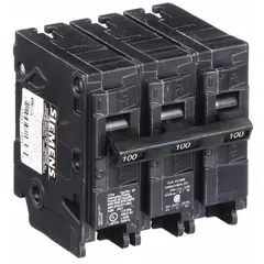 The SIEMENS Q3100 is a Q Series plug-in miniature circuit breaker rated 100 A at 240V AC with 3 poles. It provides overcurrent protection for branch circuits in three-phase electrical systems. Suitable for use in load centers, this Std type breaker is commonly applied in commercial and industrial installations.