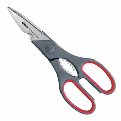 These plastic-handle scissors feature an 8 1/4 in overall length with a serrated, titanium-bonded blade and pointed tip. The ambidextrous handle design accommodates both left- and right-handed users. Suitable for general cutting tasks such as fabric, paper, and light materials.