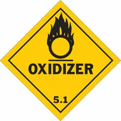 DOT container label for identifying Class 5 oxidizing agents and organic peroxides. Measures 4 in x 4 in, made of vinyl, and displays the message 'Oxidizer'. Pack of 500 labels for use on hazardous material containers.