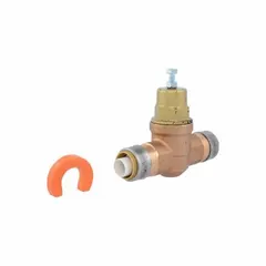 Brass water pressure regulator with press x press connections. Reduces and stabilizes incoming water pressure in plumbing systems. Adjustable from 10 psi to 70 psi, maximum operating temperature 180°F. Low-lead compliant. Overall height 5 3/8 inches.