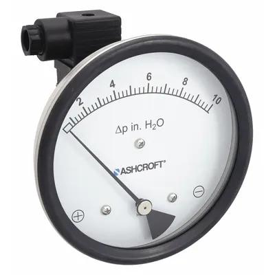 ASHCROFT Differential Pressure Gauge & Switch: Dual In-Line or Back, 1/8 in NPT Female - Low Operating Pressure Differential Gauges with Switch