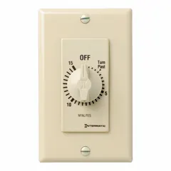 Spring-wound mechanical timer with a maximum 15-minute timing duration. DPST switching rated for 277V AC. Ivory finish, no wall plate included, no hold function. Used for timed control of lighting, fans, exhaust fans, heaters, or signal circuits in commercial or industrial applications.