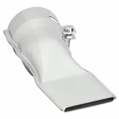 Angle slit nozzle for directing hot air into tight corners and along edges. Overall width 2 1/2 in, overall height 2 1/8 in. Suitable for shrink tubing, welding PVC membranes, and paint stripping in confined areas.