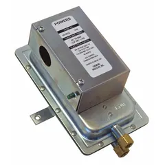 Auto reset adjustable set-point air pressure switch with a range of 1 in wc to 12 in wc. Features SPDT switching, conduit box enclosure, and integral compression connection. Operates at 120 to 277V AC. Used to monitor air pressure in HVAC ducts, furnaces, and ventilation systems.