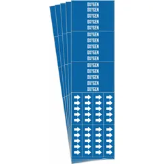 Blue adhesive pipe markers with white legend text reading 'Oxygen' and directional arrows. Each marker fits pipes with an outside diameter of 3/4 in and smaller. Pack includes 3 markers, sold in a 5-pack quantity. Used to identify oxygen lines in piping systems for safety and maintenance.
