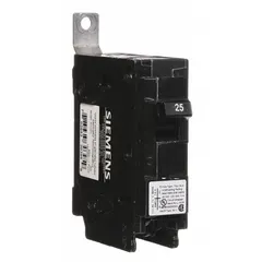 The Siemens B125H is a 25 A, single-pole miniature circuit breaker from the BL Series, rated 120/240V AC with a 22kA interrupting capacity. Designed for bolt-on installation in Siemens P1 panelboards, it provides overcurrent protection in single-phase AC circuits for commercial and industrial electrical distribution systems.